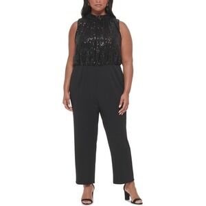 Eliza J Women's Plus Size Sequin Bodice Mock Neck Sleeveless Jumpsuit Black‎ 20W